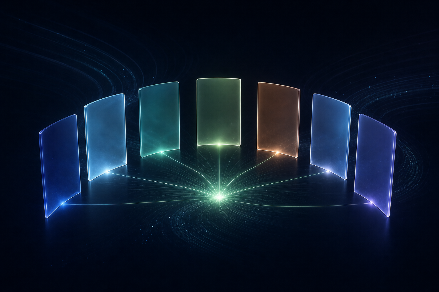 The Intelligence Council — seven independent AI models convening as a review panel, rendered as glowing frosted-glass panels in a navy scene