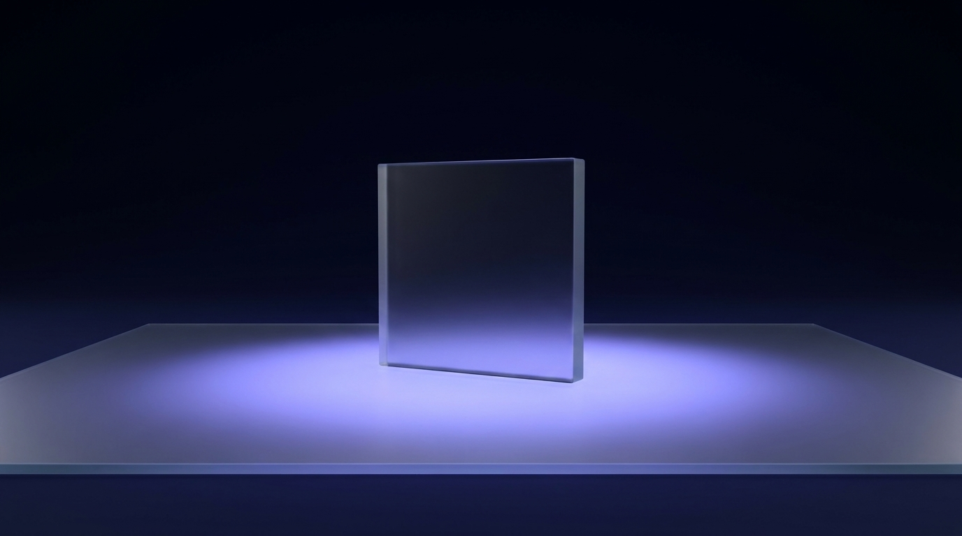 A single frosted-glass slab standing on a frosted-glass floor that glows from beneath: the light is under the surface and only a trace reaches the panel