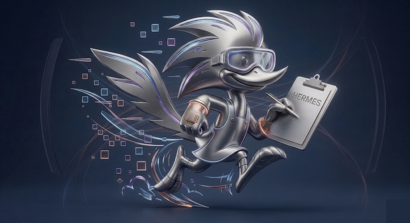 Hermes Skill — cyborg speedrunner bird holding clipboard marked HERMES