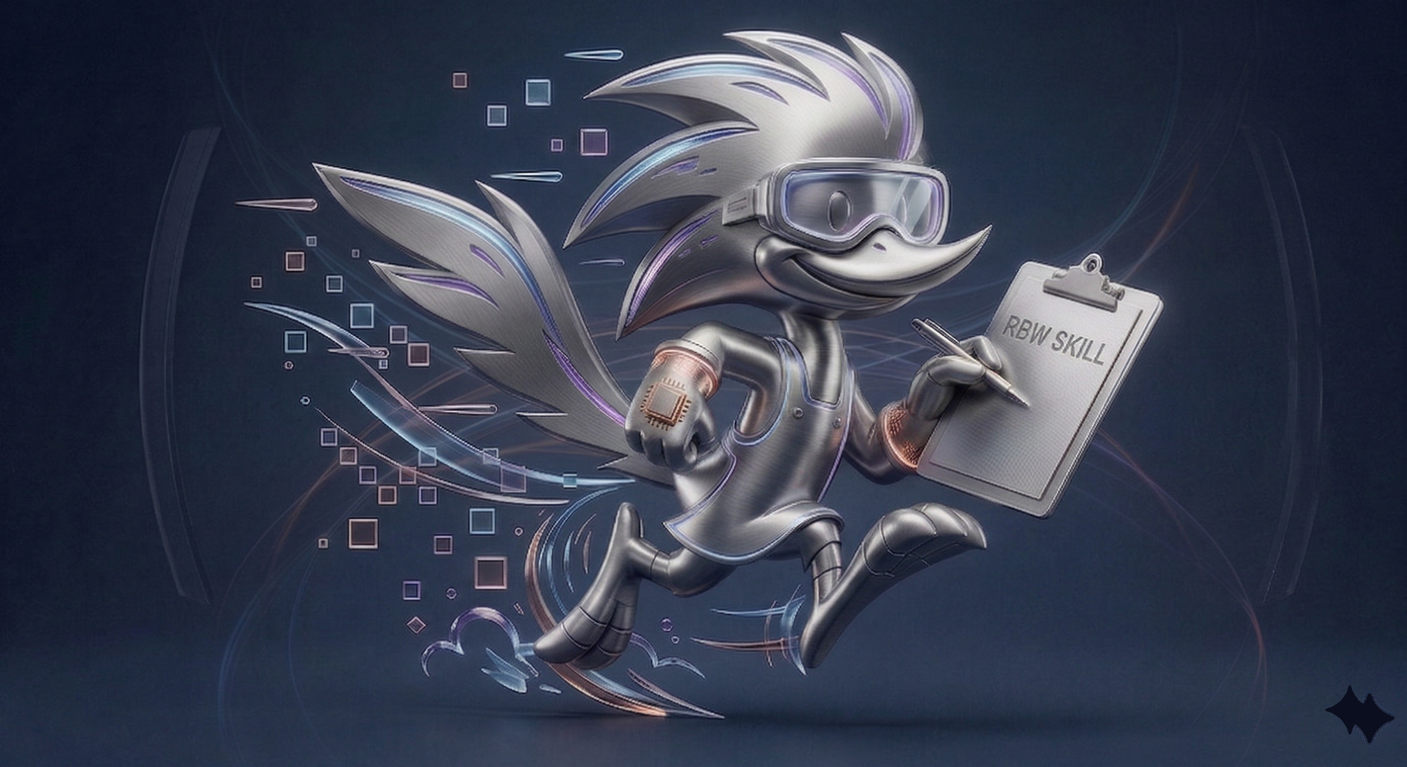 Read-Before-Write Skill — cyborg speedrunner bird holding clipboard marked RBW SKILL